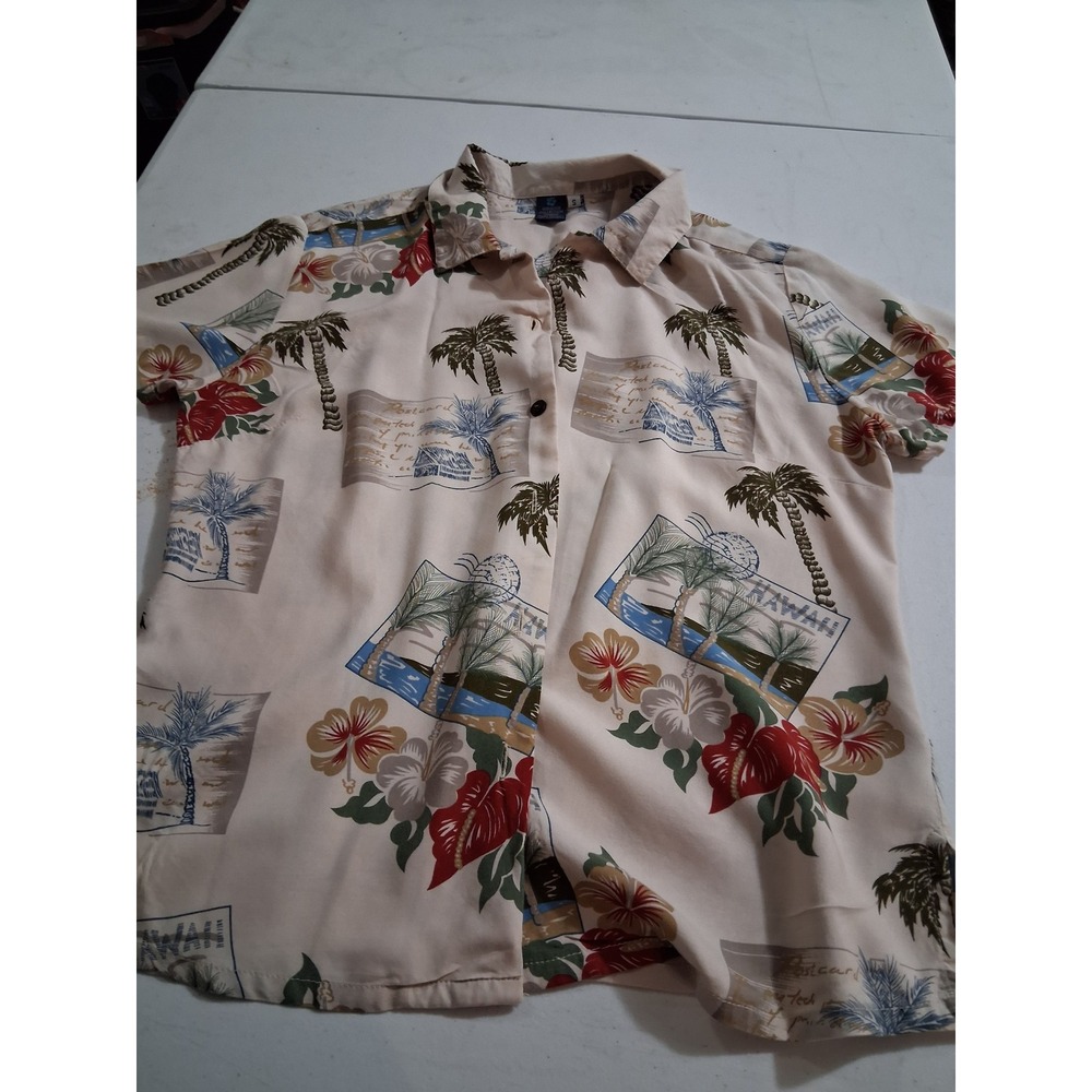 Hibiscus Collection Hawaii Women Postcard Floral Rayon Aloha Shirt Cream Small